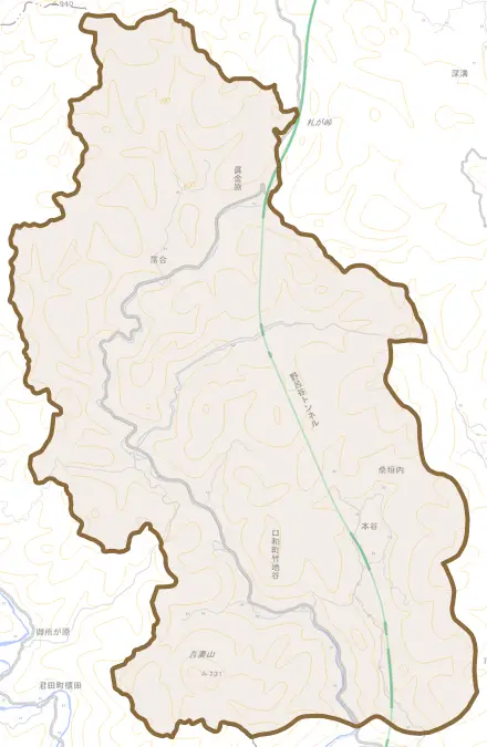 口和町竹地谷とその周辺の地図。町の範囲を重ねている