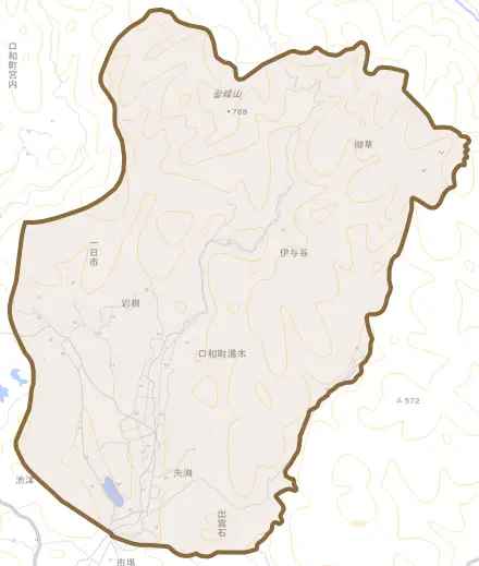 口和町湯木とその周辺の地図。町の範囲を重ねている