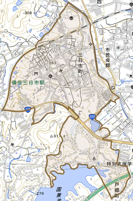 三日市町とその周辺の地図。町の範囲を重ねている