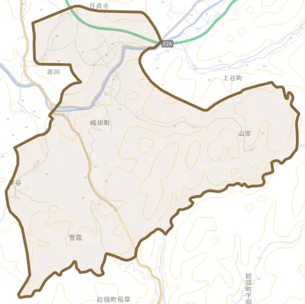 峰田町とその周辺の地図。町の範囲を重ねている
