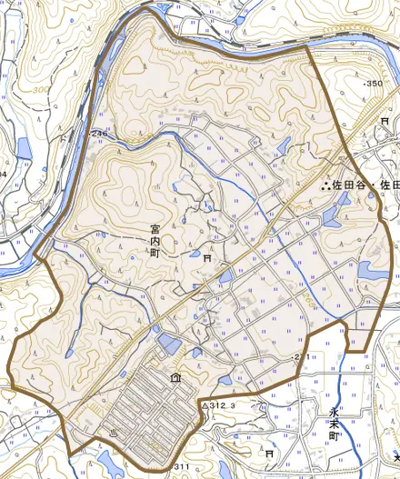 宮内町とその周辺の地図。町の範囲を重ねている