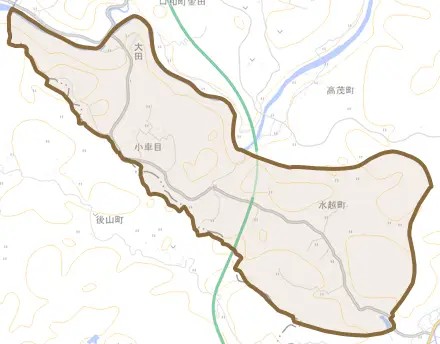 水越町とその周辺の地図。町の範囲を重ねている