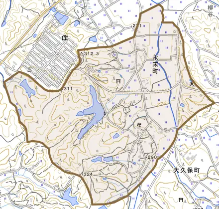 永末町とその周辺の地図。町の範囲を重ねている