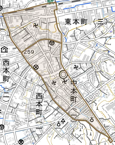 中本町とその周辺の地図。町の範囲を重ねている