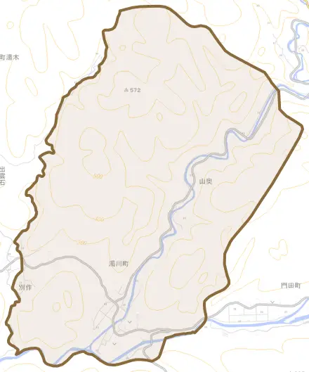 濁川町とその周辺の地図。町の範囲を重ねている