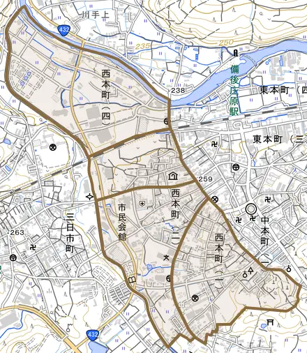 西本町とその周辺の地図。町の範囲を重ねている