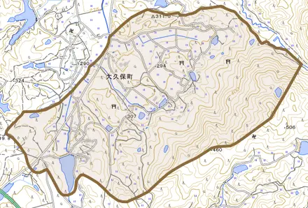 大久保町とその周辺の地図。町の範囲を重ねている