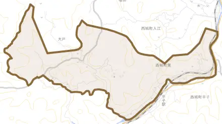 西城町栗とその周辺の地図。町の範囲を重ねている