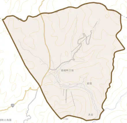 西城町三坂とその周辺の地図。町の範囲を重ねている