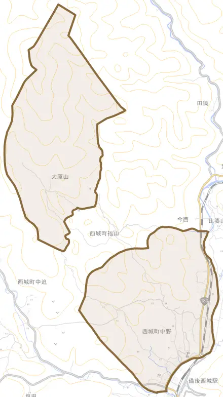 西城町中野とその周辺の地図。町の範囲を重ねている