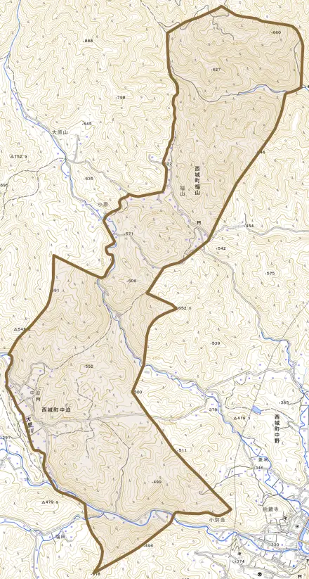 西城町中迫とその周辺の地図。町の範囲を重ねている