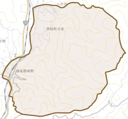 西城町大佐とその周辺の地図。町の範囲を重ねている