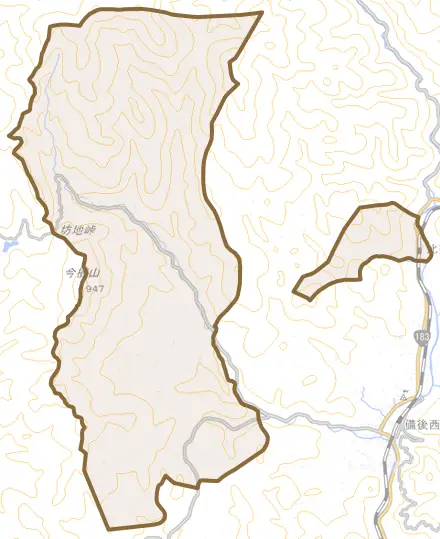 西城町大屋とその周辺の地図。町の範囲を重ねている