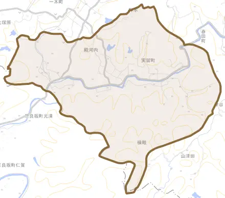 実留町とその周辺の地図。町の範囲を重ねている