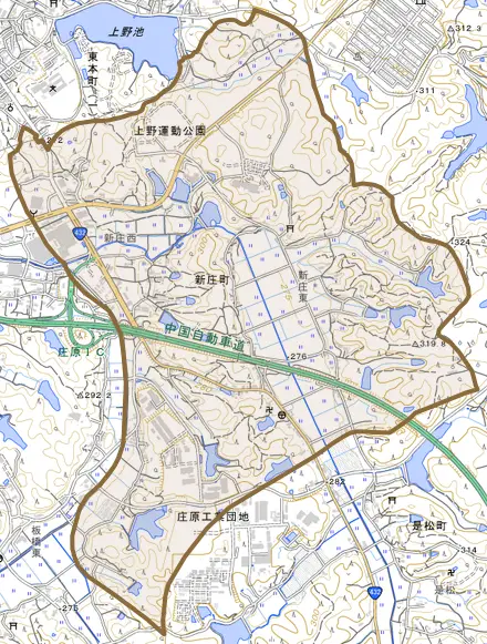 新庄町とその周辺の地図。町の範囲を重ねている