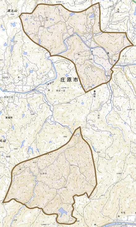 春田町とその周辺の地図。町の範囲を重ねている