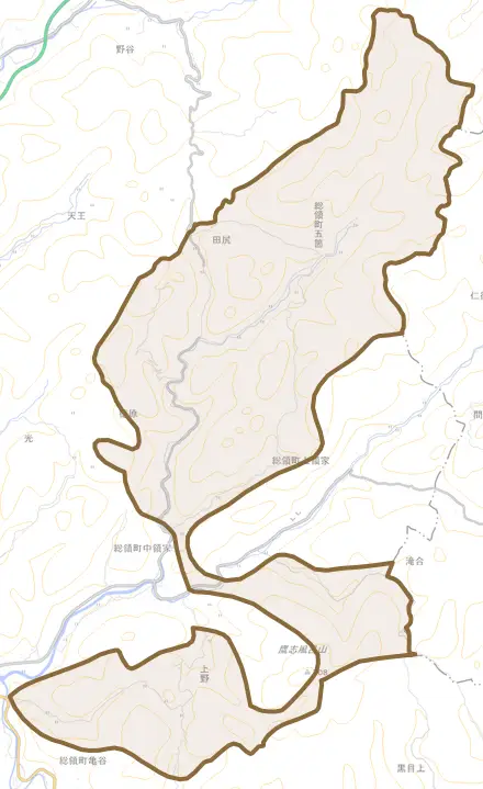 総領町五箇とその周辺の地図。町の範囲を重ねている
