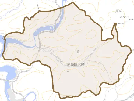 総領町木屋とその周辺の地図。町の範囲を重ねている