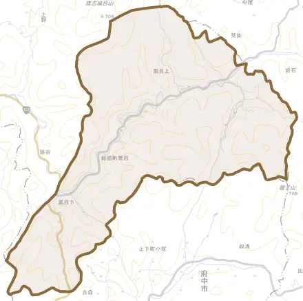 総領町黒目とその周辺の地図。町の範囲を重ねている