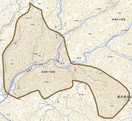 総領町中領家とその周辺の地図。町の範囲を重ねている