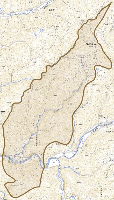 総領町下領家とその周辺の地図。町の範囲を重ねている