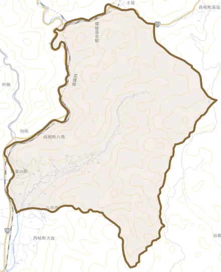 西城町八鳥とその周辺の地図。町の範囲を重ねている