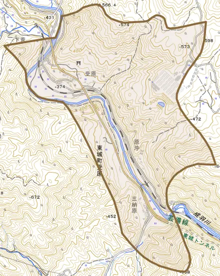 東城町受原とその周辺の地図。町の範囲を重ねている