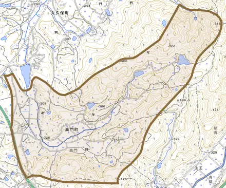 高門町とその周辺の地図。町の範囲を重ねている
