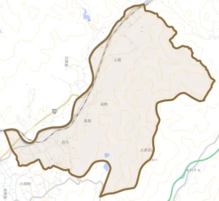 高町とその周辺の地図。町の範囲を重ねている