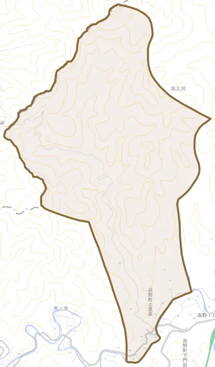 高野町上里原とその周辺の地図。町の範囲を重ねている
