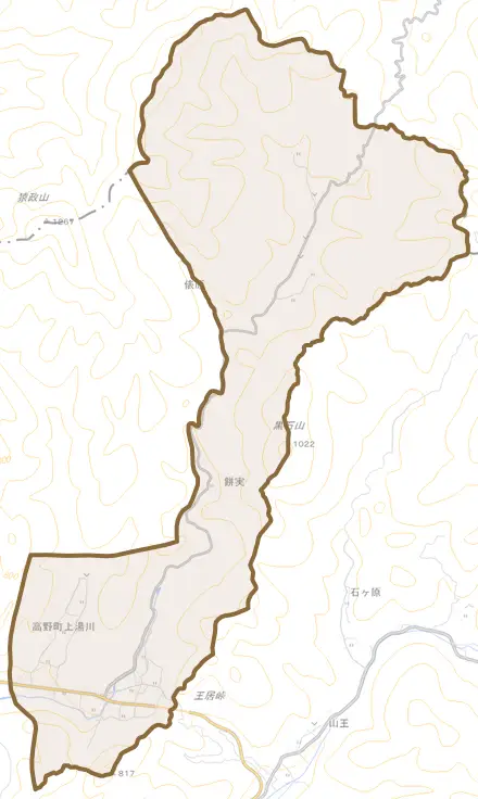 高野町上湯川とその周辺の地図。町の範囲を重ねている