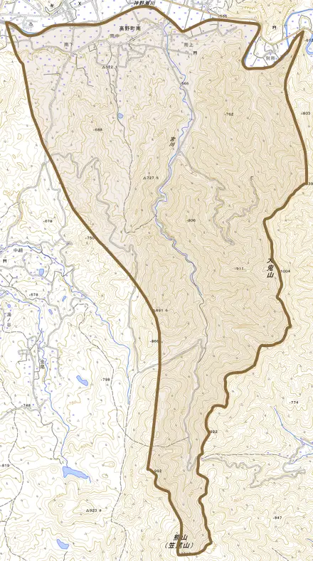 高野町南とその周辺の地図。町の範囲を重ねている