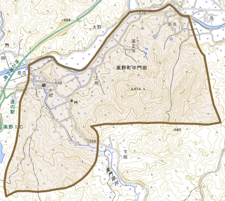 高野町中門田とその周辺の地図。町の範囲を重ねている