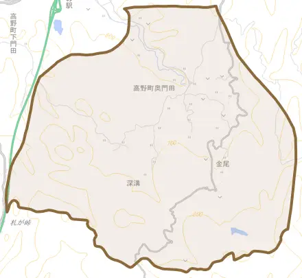 高野町奥門田とその周辺の地図。町の範囲を重ねている
