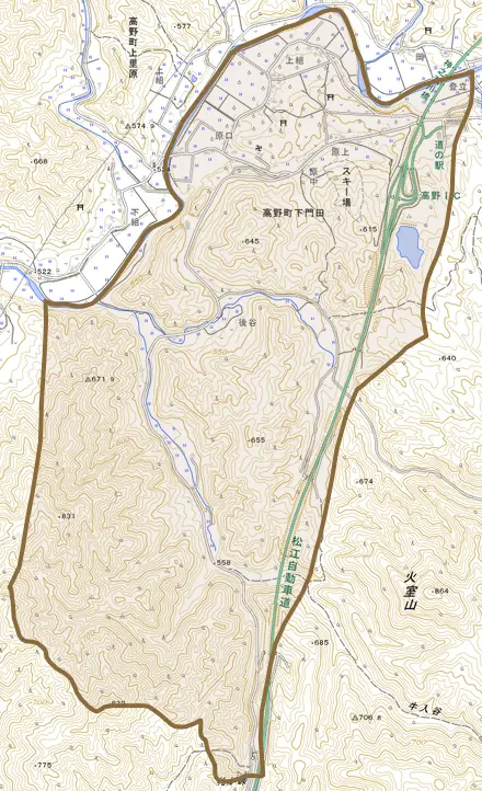 高野町下門田とその周辺の地図。町の範囲を重ねている