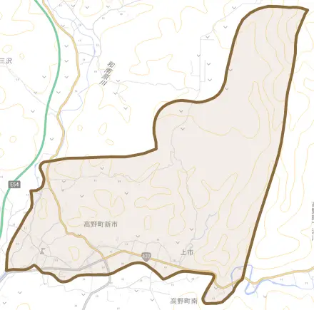 高野町新市とその周辺の地図。町の範囲を重ねている
