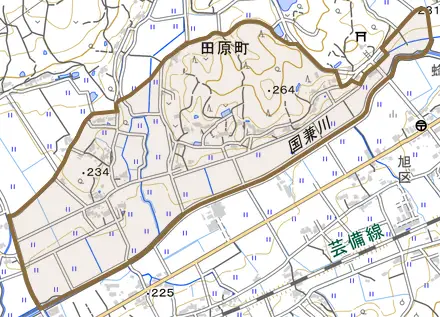 田原町とその周辺の地図。町の範囲を重ねている