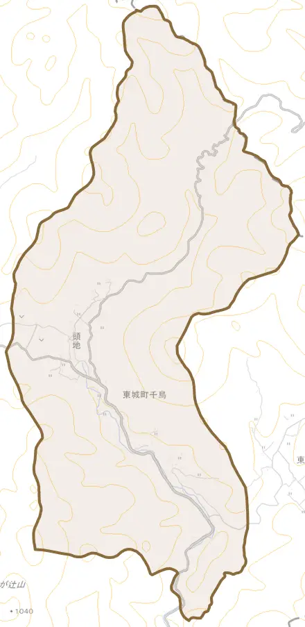 東城町千鳥とその周辺の地図。町の範囲を重ねている