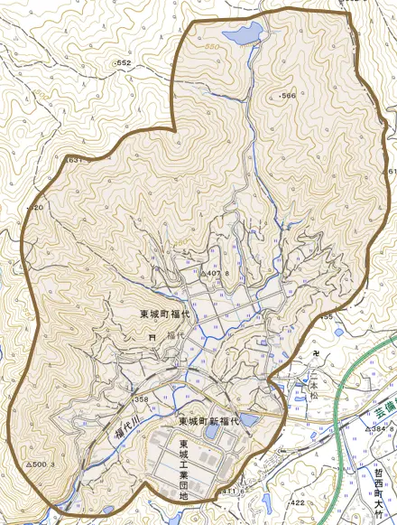 東城町福代とその周辺の地図。町の範囲を重ねている