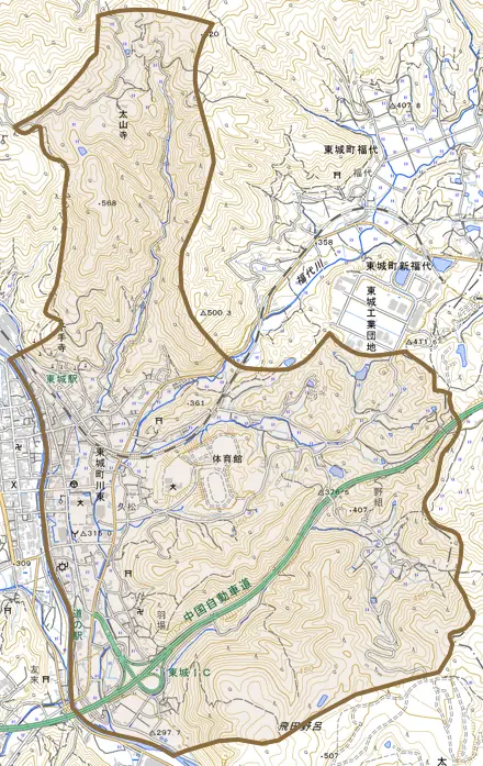 東城町川東とその周辺の地図。町の範囲を重ねている