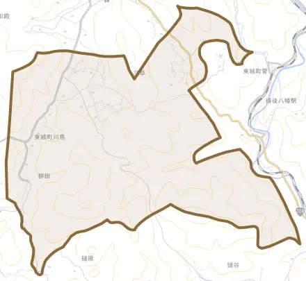 東城町川鳥とその周辺の地図。町の範囲を重ねている