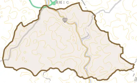 東城町久代とその周辺の地図。町の範囲を重ねている