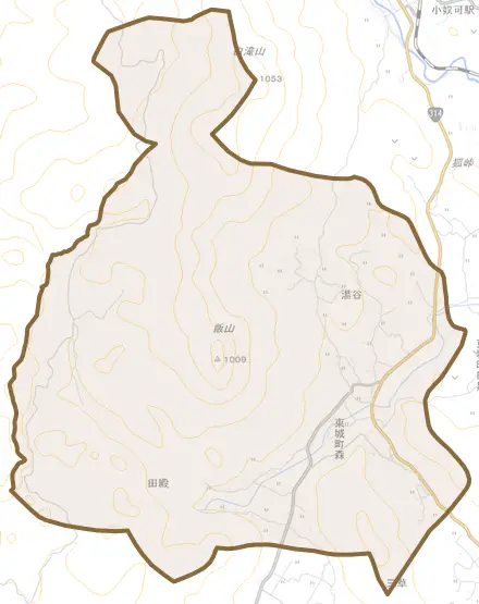 東城町森とその周辺の地図。町の範囲を重ねている