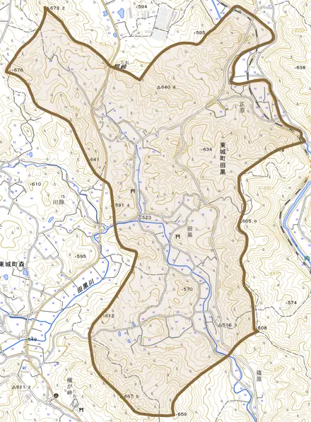 東城町田黒とその周辺の地図。町の範囲を重ねている