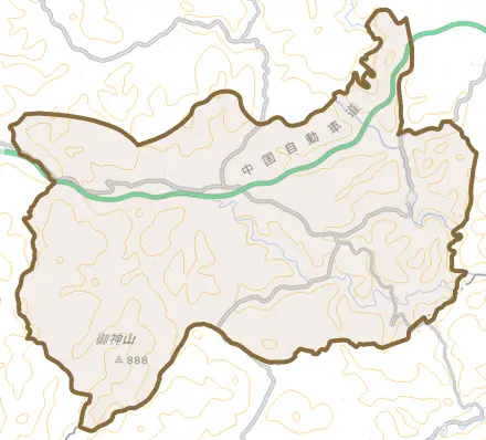 東城町帝釈未渡とその周辺の地図。町の範囲を重ねている