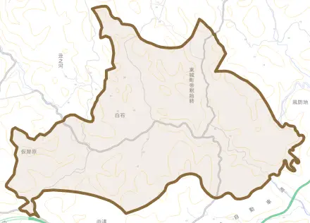 東城町帝釈始終とその周辺の地図。町の範囲を重ねている