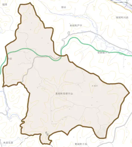 東城町帝釈宇山とその周辺の地図。町の範囲を重ねている