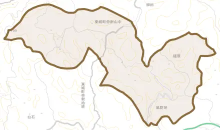 東城町帝釈山中とその周辺の地図。町の範囲を重ねている