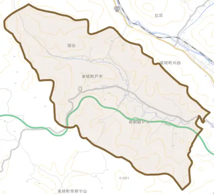 東城町戸宇とその周辺の地図。町の範囲を重ねている