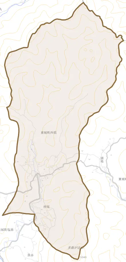 東城町内堀とその周辺の地図。町の範囲を重ねている